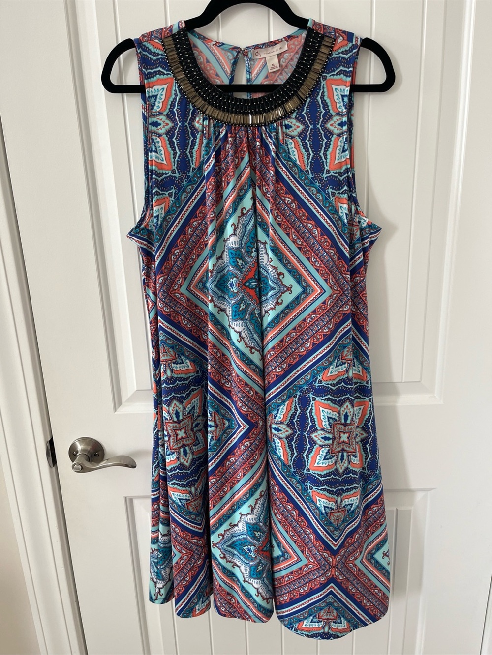 Dress Barn Size Xl Multicolor Boho Print Shift Dress Embellished Round Neck